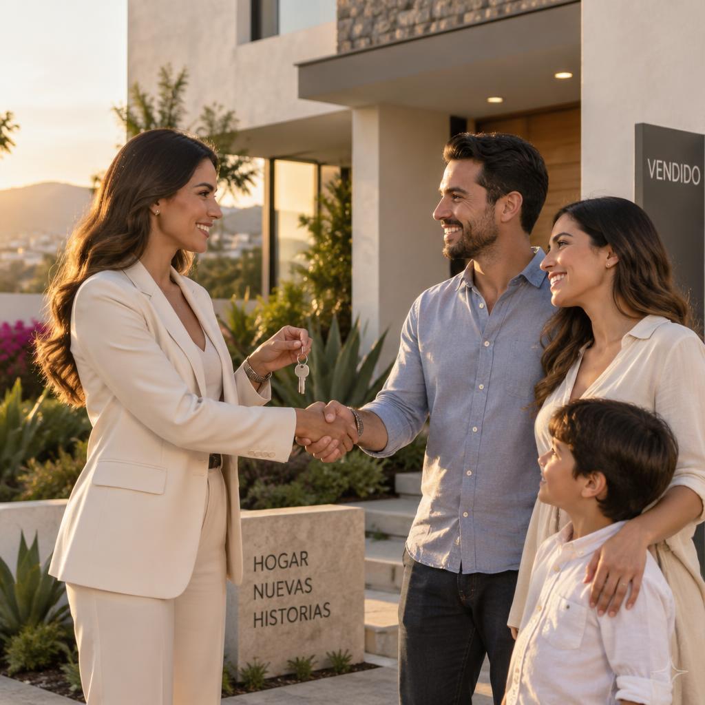 Agente inmobiliaria entregando llaves a una familia