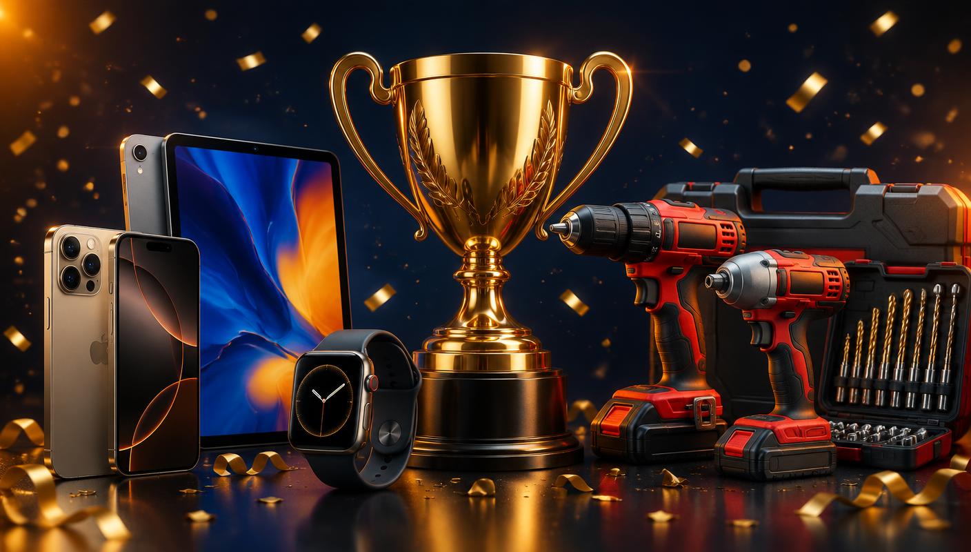 Trofeo de oro, iPhone, iPad, Apple Watch y herramientas profesionales